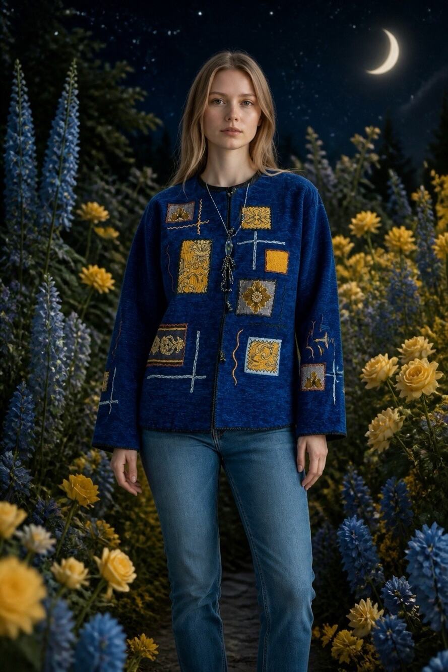 Vintage 90's Indigo Moon Med Royal Blue Chenille Art to Wear Patchwork Jacket